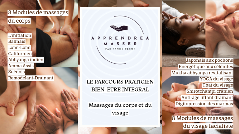 Sélection de soins spa avec images de massages et présentation des services offerts. parcours complet praticien et massage bien-être